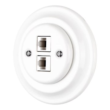 Reblig - Priză Ethernet retro din porțelan cu cadru, 2x CAT5e, alb