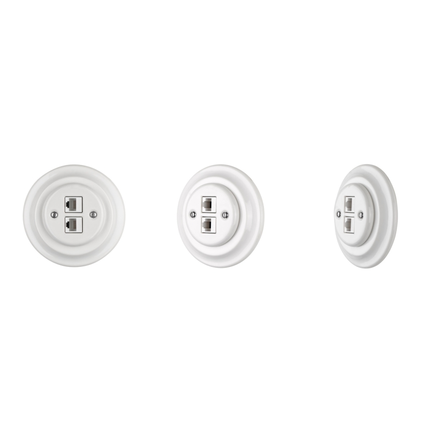 Reblig - Priză Ethernet retro din porțelan cu cadru, 2x CAT5e, alb