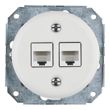 Reblig - Priză Ethernet retro din porțelan, fără ramă, 2x CAT.5E, albă