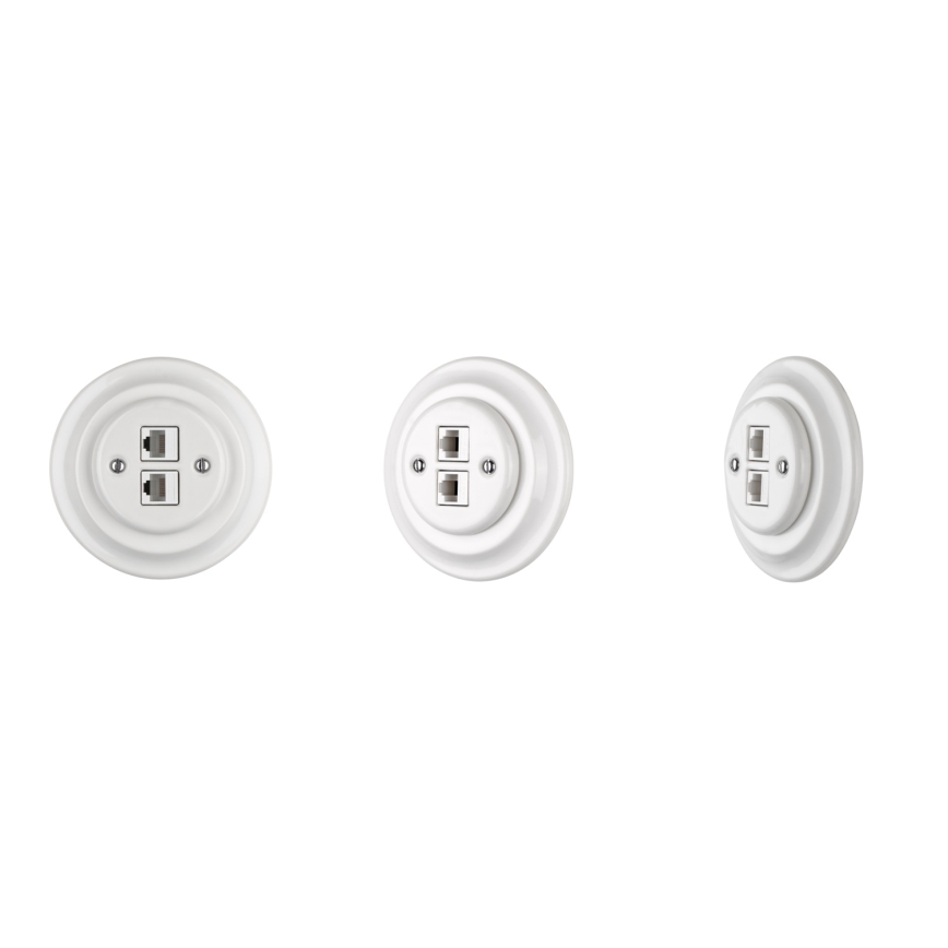 Reblig - Priză Ethernet retro din porțelan, fără ramă, 2x CAT.5E, albă