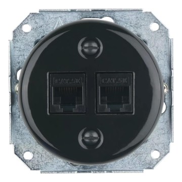 Reblig - Priză Ethernet retro din porțelan, fără ramă, 2x CAT.5E, neagră