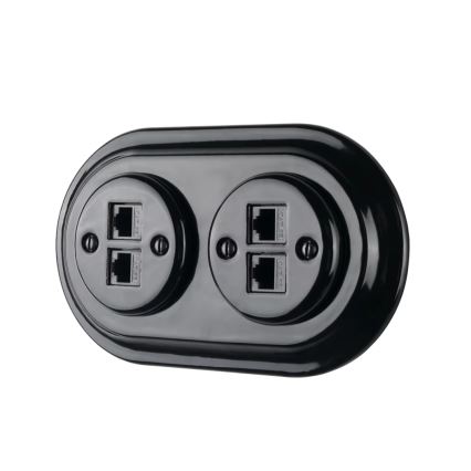 Reblig - Priză Ethernet retro din porțelan, fără ramă, 2x CAT.5E, neagră