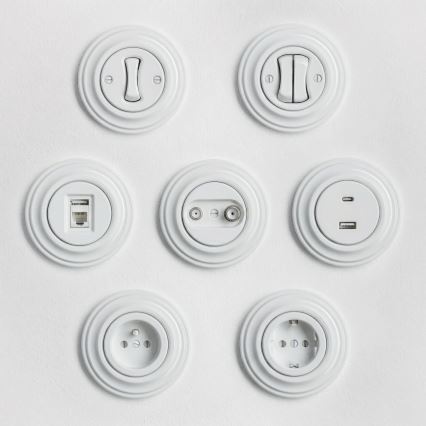 Reblig - Priză retro de perete cu ramă SCHUKO 230V/16A, alb zăpadă