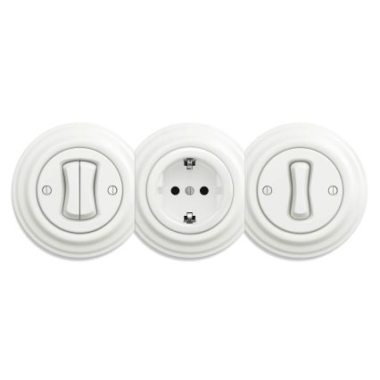 Reblig - Priză retro de perete SCHUKO 230V/16A, ceramică, albă, fără ramă