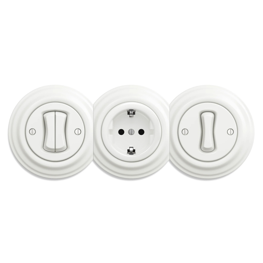 Reblig - Priză retro de perete SCHUKO 230V/16A, ceramică, albă, fără ramă