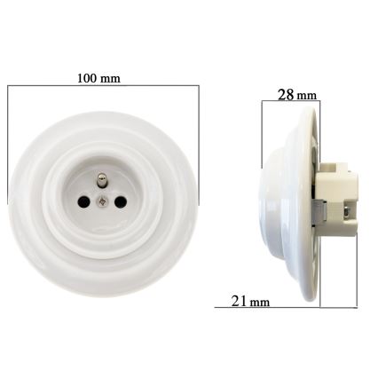 Reblig - Priză retro din porțelan pentru locuință, cu ramă, 250V/16A, albă
