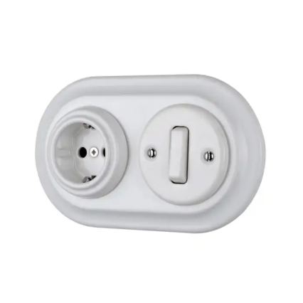 Reblig - Priză retro din porțelan, pentru uz casnic, fără ramă, 250V/16A, albă