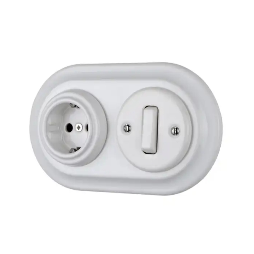 Reblig - Priză retro din porțelan, pentru uz casnic, fără ramă, 250V/16A, albă
