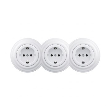 Reblig - Priză triplă retro de perete cu ramă SCHUKO 230 V, alb zăpadă