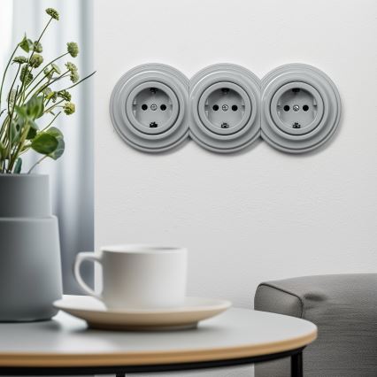 Reblig - Priză triplă retro de perete cu ramă SCHUKO 230V, gri