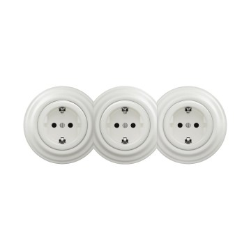 Reblig - Priză triplă retro pentru locuință, cu ramă, SCHUKO 230V, ceramică albă