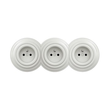 Reblig - Priză triplă retro pentru perete cu ramă, 230 V, ceramică, albă