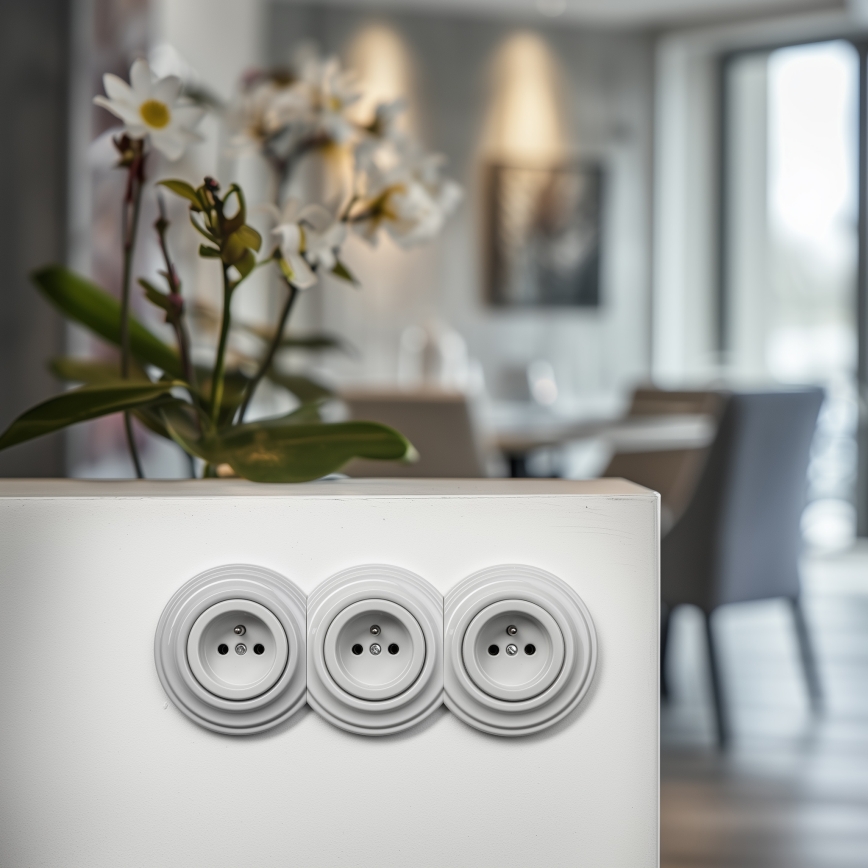 Reblig - Priză triplă retro pentru perete cu ramă, 230 V, ceramică, albă