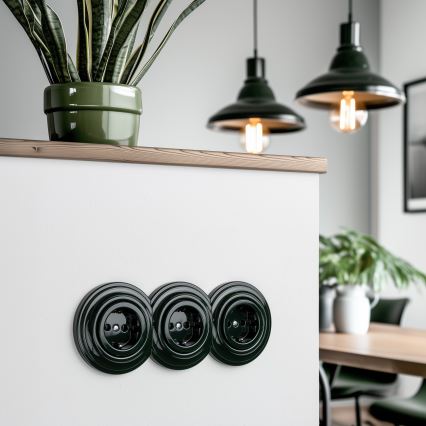 Reblig - Priză triplă retro pentru uz casnic, cu ramă, SCHUKO, 230 V, verde