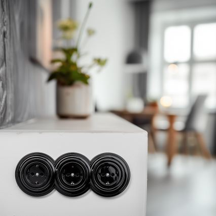 Reblig - Priză triplă retro pentru uz casnic cu ramă SCHUKO 230V, neagră