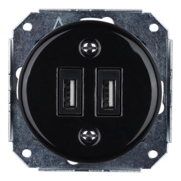 Reblig - Priză USB retro din porțelan, fără ramă, 2x USB-A, neagră