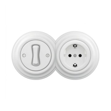 Reblig Retro – întrerupător unipolar nr. 1 și priză SCHUKO 230V cu ramă, alb zăpadă