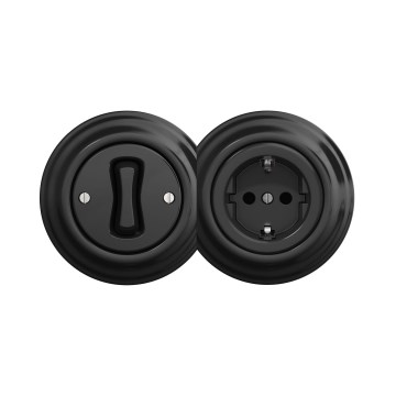 Reblig - Set retro: întrerupător unipolar (1 modul) și priză SCHUKO 230V cu ramă, negru