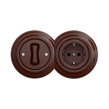 Reblig - Set retro: întrerupător unipolar nr. 1 și priză SCHUKO 230 V cu ramă, maro