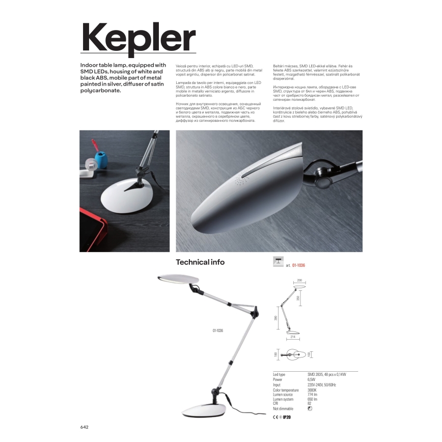 Redo 01-1036 - Lampă LED de birou KEPLER, 6,5 W, 230 V, albă