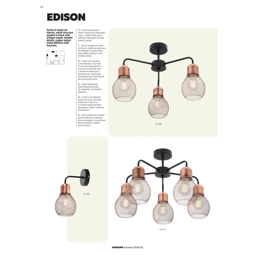 Redo 01-1580 - Candelabru suspendat pe cablu EDISON, 5x E27 / 42W / 230V, Ø 53 cm, negru/cupru