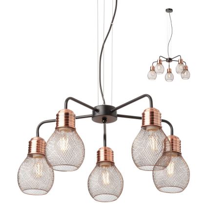 Redo 01-1580 - Candelabru suspendat pe cablu EDISON, 5x E27 / 42W / 230V, Ø 53 cm, negru/cupru