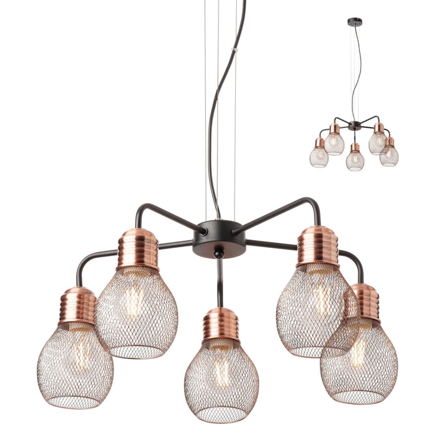 Redo 01-1580 - Candelabru suspendat pe cablu EDISON, 5x E27 / 42W / 230V, Ø 53 cm, negru/cupru
