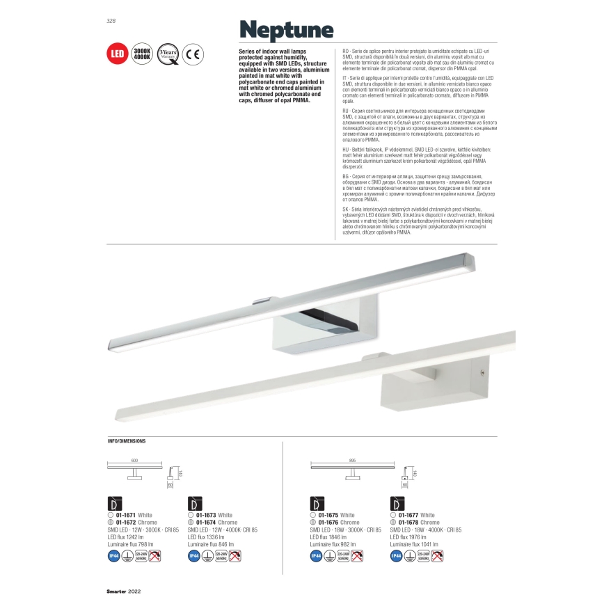 Redo 01-1673 - Lampă LED pentru oglindă de baie NEPTUNE, 12W, 230V, 60 cm, IP44, alb
