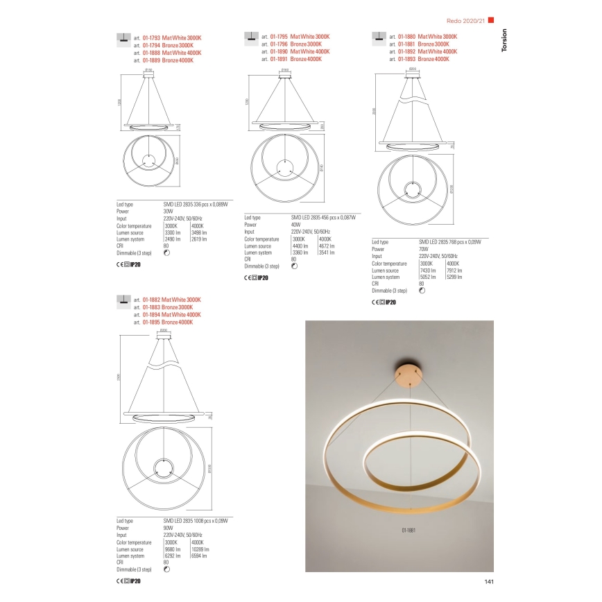 Redo 01-1796 - Lustră LED TORSION, suspendată pe cablu, LED/40W/230V, diametru 74 cm, bronz