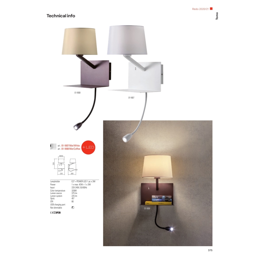 Redo 01-1807 - Aplică LED de perete TOMO cu lampă flexibilă 1xE27/42W/230V + LED/3W/230V, albă