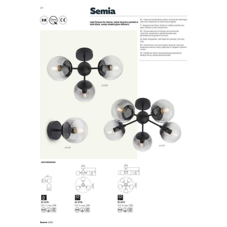Redo 01-2175 - Aplica de perete SEMIA 1xE14/28W/230V, neagră/fumurie