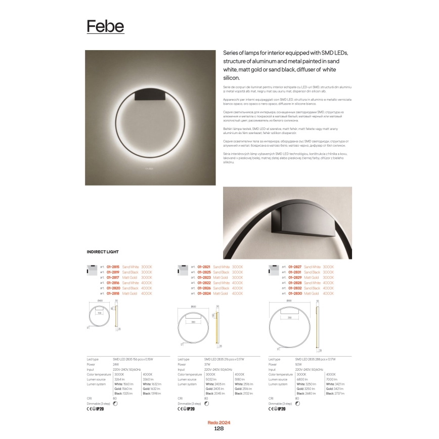 Redo 01-2819 - Aplica de perete LED dimabilă FEBE LED/24W/230V neagră