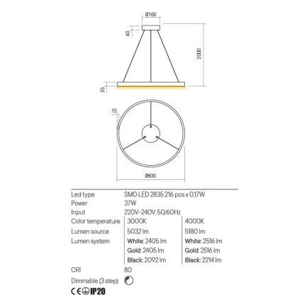 Redo 01-2865 - Lustra LED reglabilă pe cablu FEBE LED/37W/230V aurie