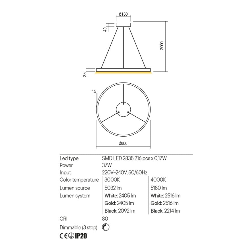 Redo 01-2865 - Lustra LED reglabilă pe cablu FEBE LED/37W/230V aurie