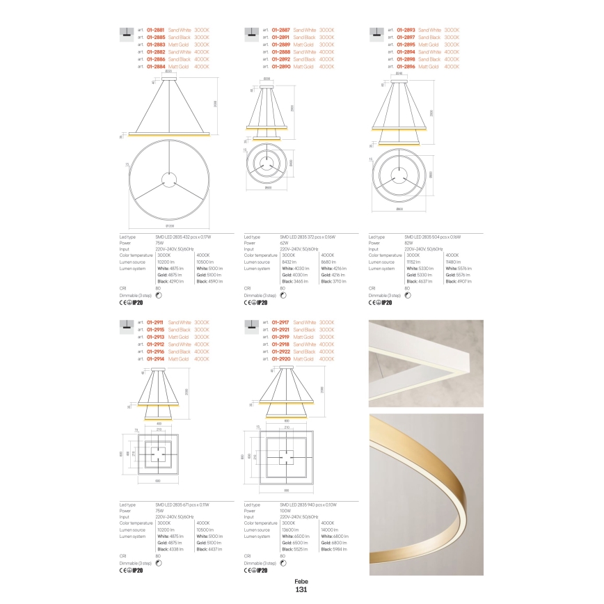 Redo 01-2889 - Lustru LED reglabil pe cablu FEBE LED/62W/230V auriu