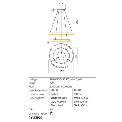 Redo 01-2889 - Lustru LED reglabil pe cablu FEBE LED/62W/230V auriu