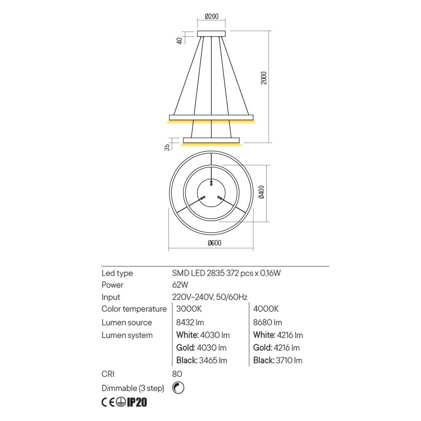Redo 01-2889 - Lustru LED reglabil pe cablu FEBE LED/62W/230V auriu