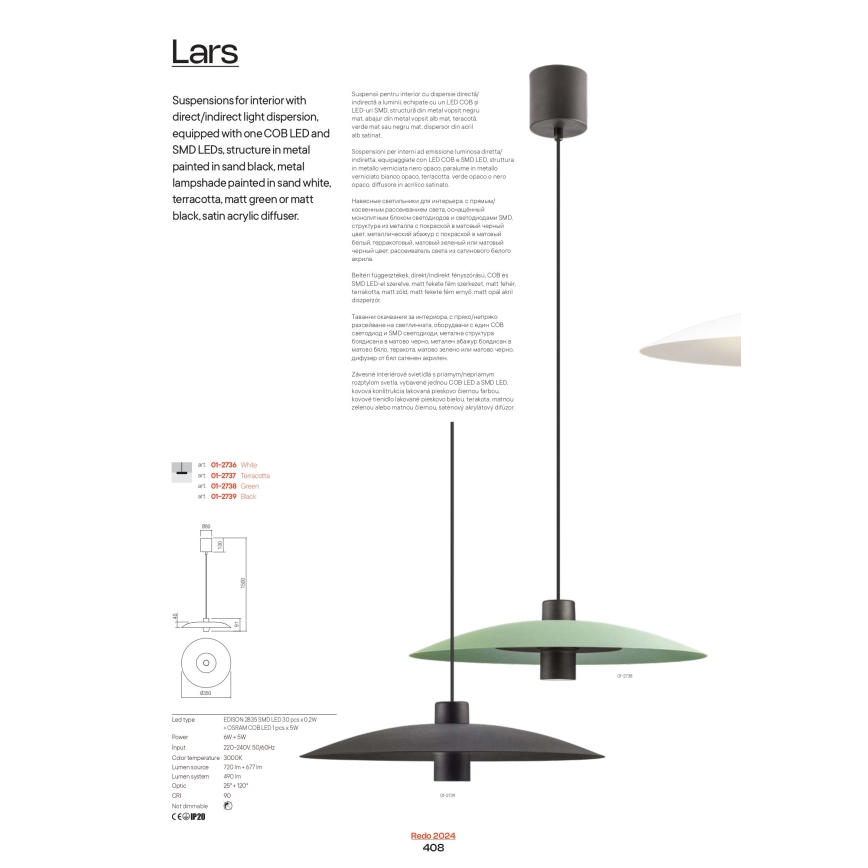 Redo LARS 01-3019 – lustră LED suspendată pe cablu, LED 14W/230V + LED 10W, Ø 60 cm, CRI 90, verde