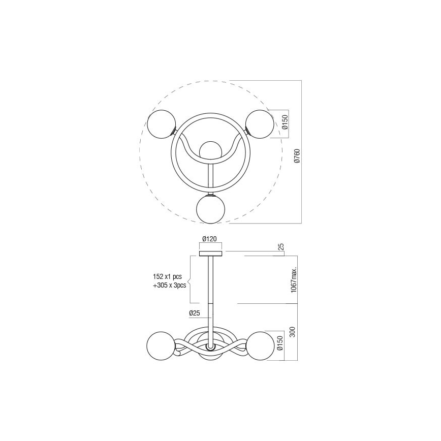Redo 01-3256 - Lustru cu tijă CONFUSIO, 3 x E14, 28 W, 230 V, Ø 76 cm, auriu