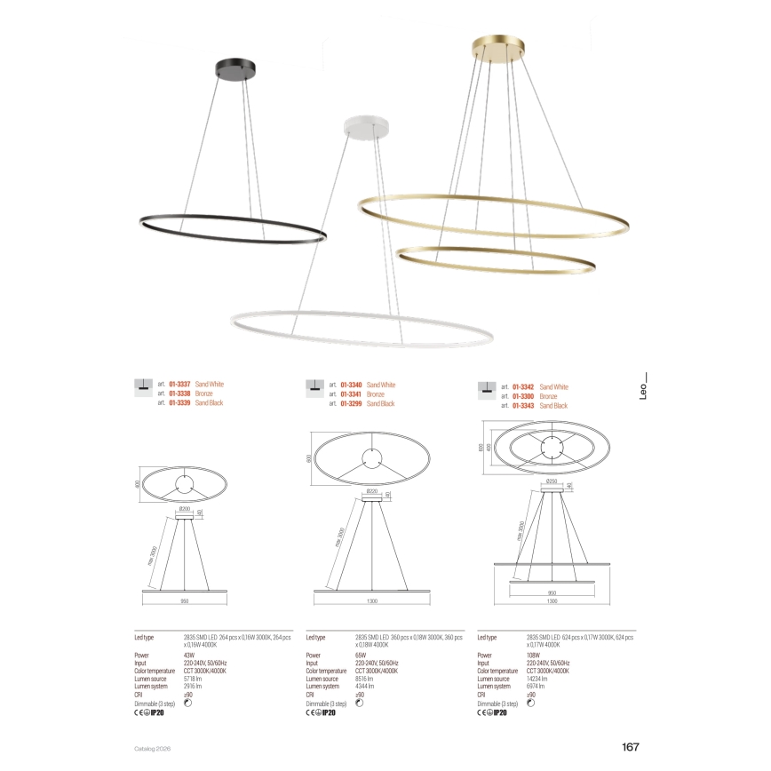 Redo 01-3299 - Candelabru LED dimabil LEO, suspendat pe cablu, LED/67W/230V, 3000/4000K, CRI 90, 60x130 cm, negru