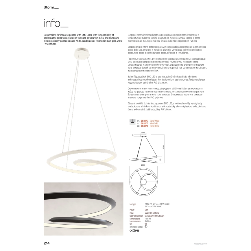 Redo 01-3376 - Lustră LED dimmabilă pe cablu STORM LED/60W/230V 3000/4000/6000K CRI 90 Ø 80 cm albă