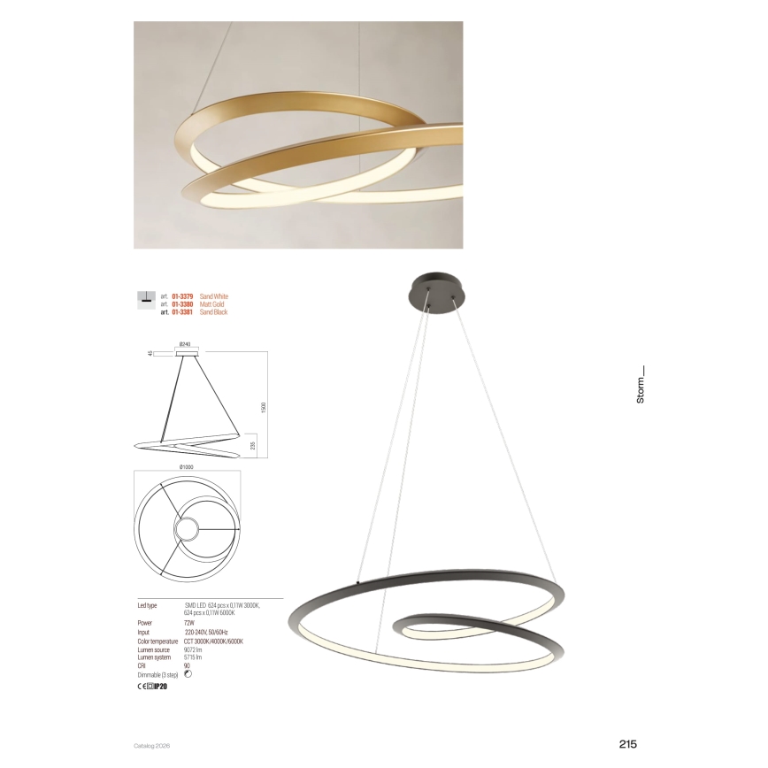 Redo 01-3376 - Lustră LED dimmabilă pe cablu STORM LED/60W/230V 3000/4000/6000K CRI 90 Ø 80 cm albă