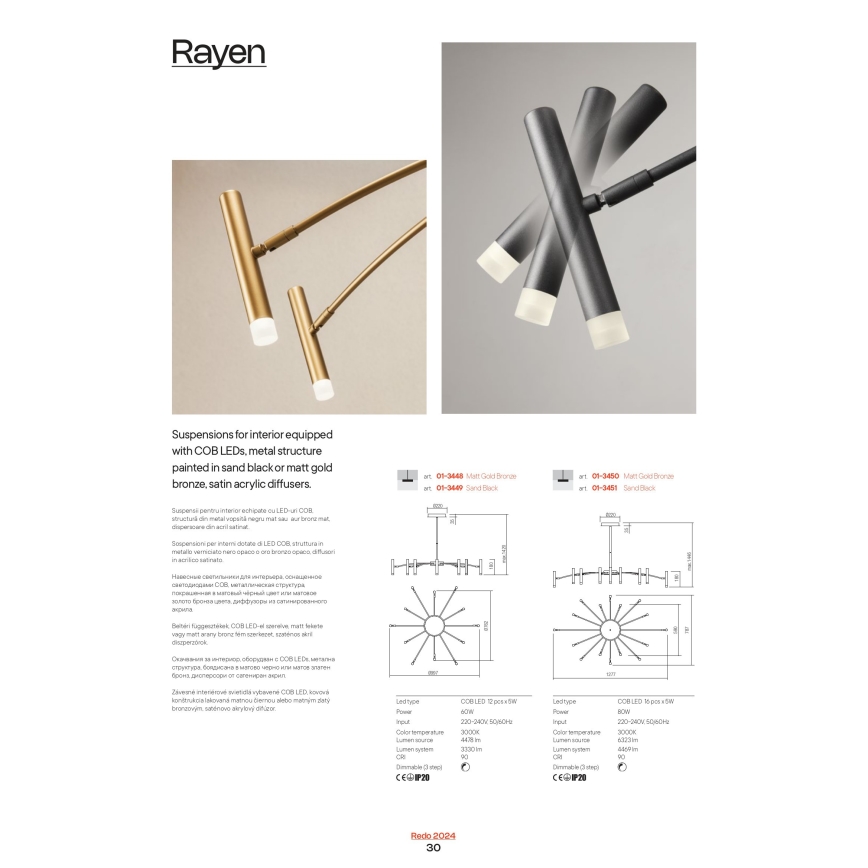 Redo 01-3448 - Lustru LED reglabil pe tijă RAYEN LED/60W/230V CRI 90 auriu
