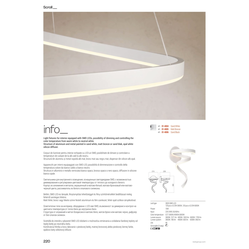 Redo 01-4010 - Plafonieră LED dimmabilă SCROLL, 38 W, 230 V, 3000K/4000K/6000K, CRI 90, diametru 60 cm, albă