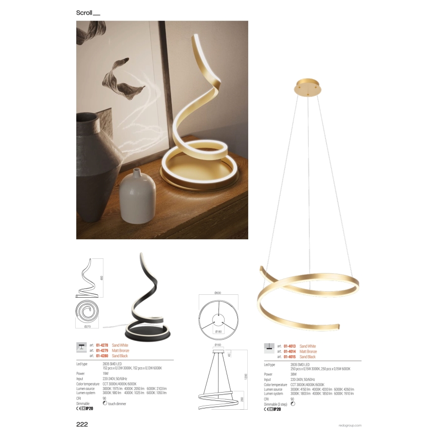 Redo 01-4013 - Lustra suspendată LED dimmabilă SCROLL, 38W, 230V, 3000K/4000K/6000K, CRI 90, Ø 60 cm, alb