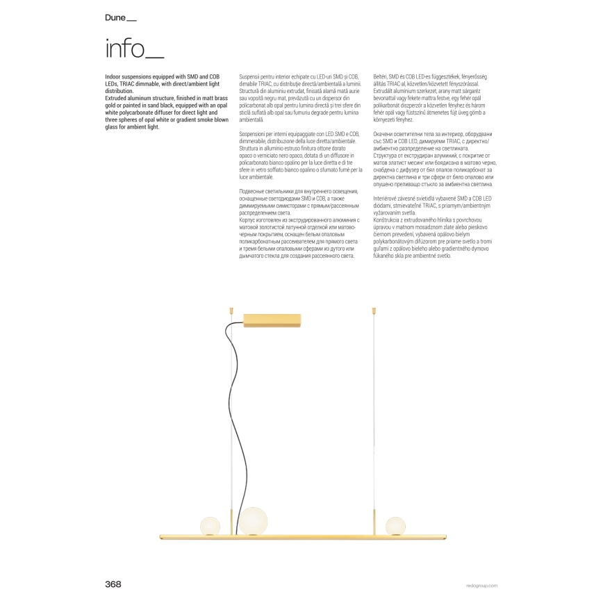 Redo 01-4301 - Lustru LED DUNE dimmabil, suspendat pe cablu, 48W/230V, 3000K, CRI 90, alb/auriu
