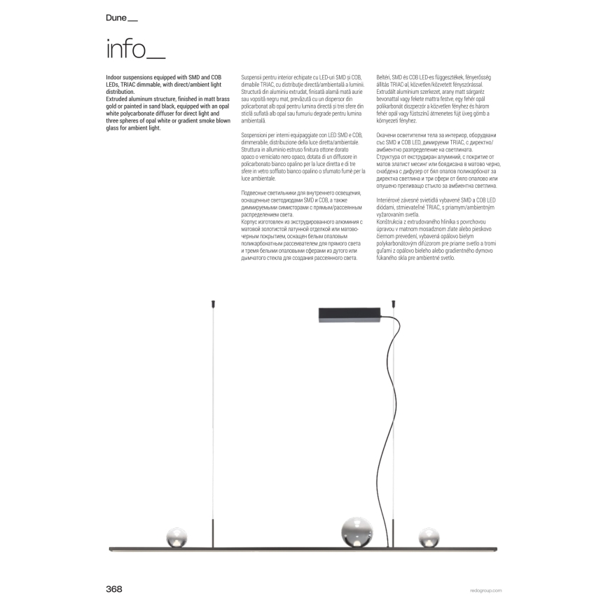 Redo 01-4302 - Lustru LED dimabil suspendat pe cablu DUNE, 48W, 230V, 3000K, CRI 90, negru/fumuriu
