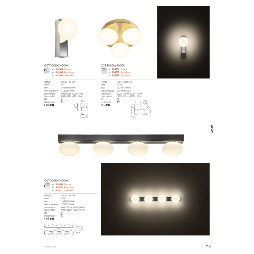 Redo OVUM 01-4306 — Plafonieră LED pentru baie, 3× LED de 5 W, 230 V, 3000/4000 K, CRI 90, Ø 24 cm, IP44, alb/crom lucios