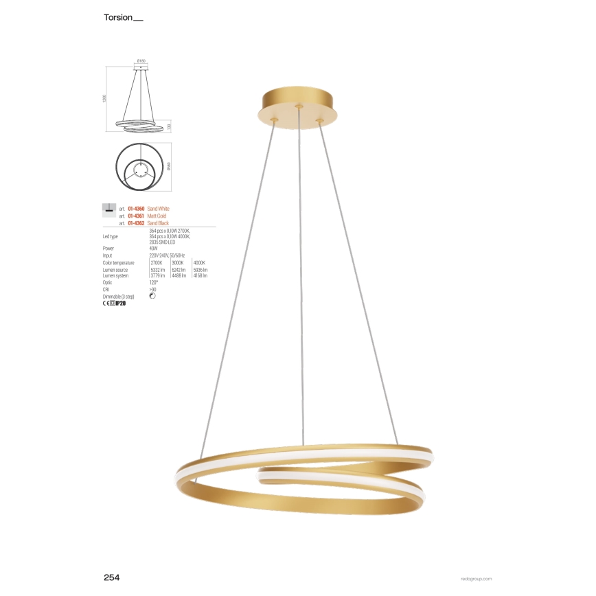 Redo 01-4362 - Lustră LED TORSION dimerizabilă pe cablu, 40W/230V, 2700/3000/4000K, CRI 90, Ø 56 cm, neagră