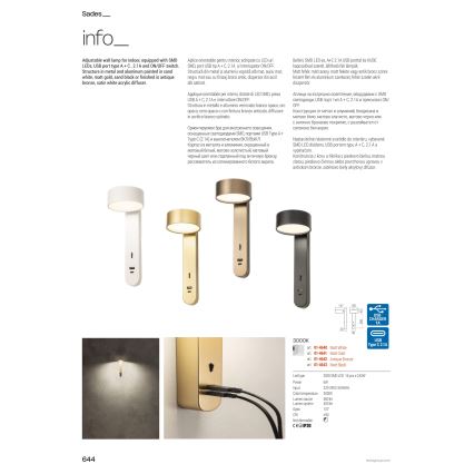 Redo 01-4640 - Aplică LED de perete SADES LED/6W/230V CRI 90 USB albă